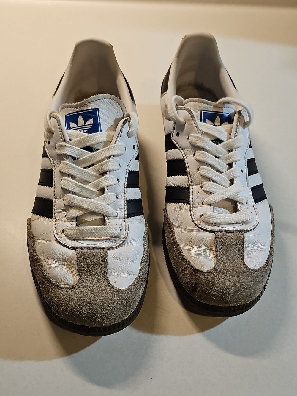 adidas White Sneakers with Black Stripes and Gray Suede
